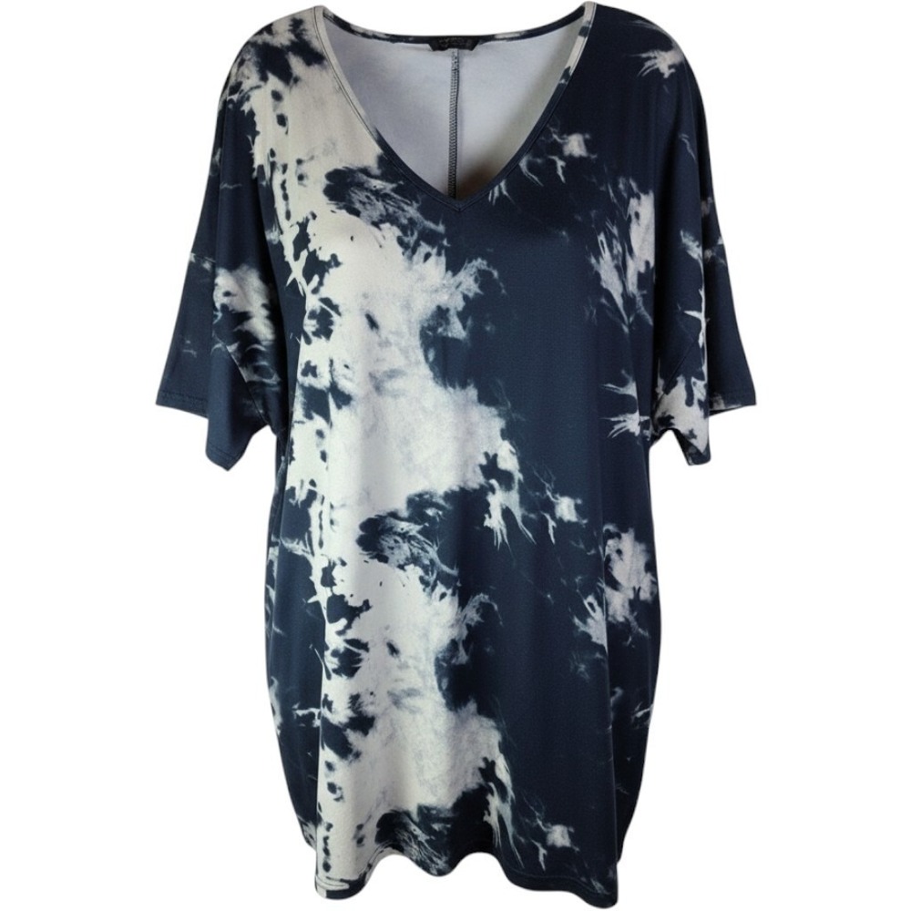 Shein Curve Tunic Top Women 2X Blue White Tie Dye V-Neck Side Button Short Slv